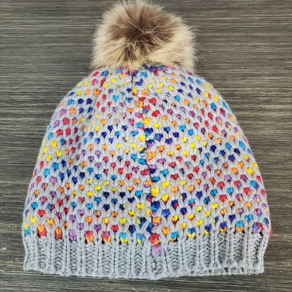 Rainbow Peek-A-Boo Gray Knit Beanie Hat Faux Fur Pom Fleece Lined Women's Winter
